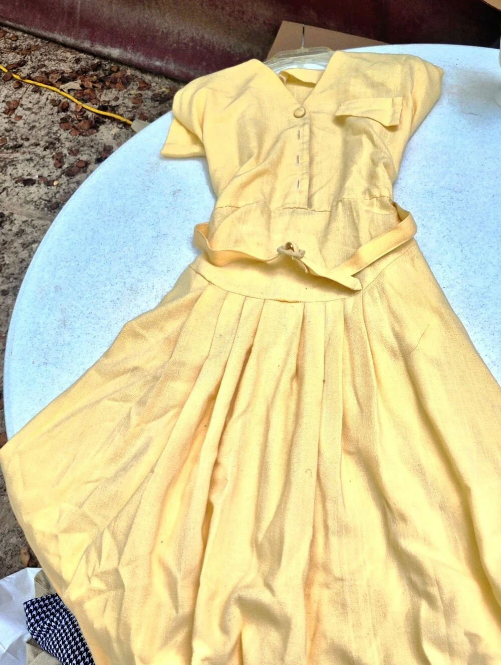 Vintage Pastel Yellow Belted Shirt Dress | Pleated Retro Midi Dress